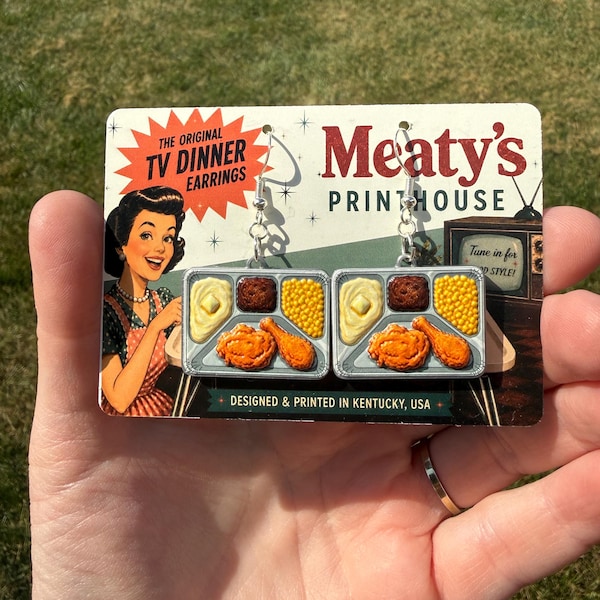 TV Dinner earrings on Meaty’s product card